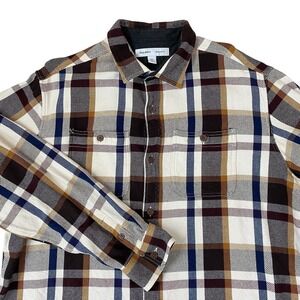 Old Navy Plaid Flannel Shirt Shacket Men XXL Brown Regular Fit Button Up Cowboy